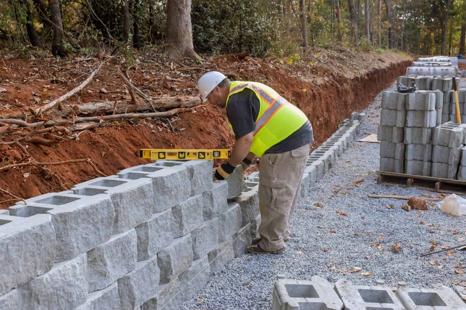 An employee of a construction company is building a retaining wall on the property which is being