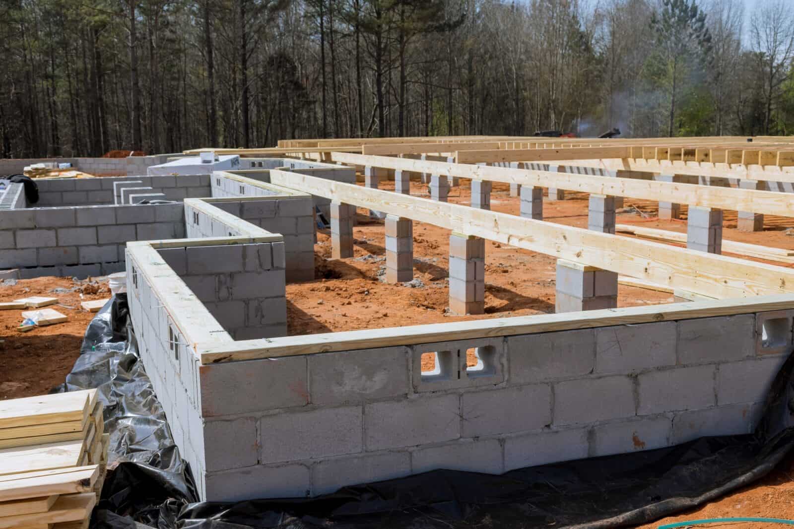 Cement blocks laid a wall for foundation of house on construction site.